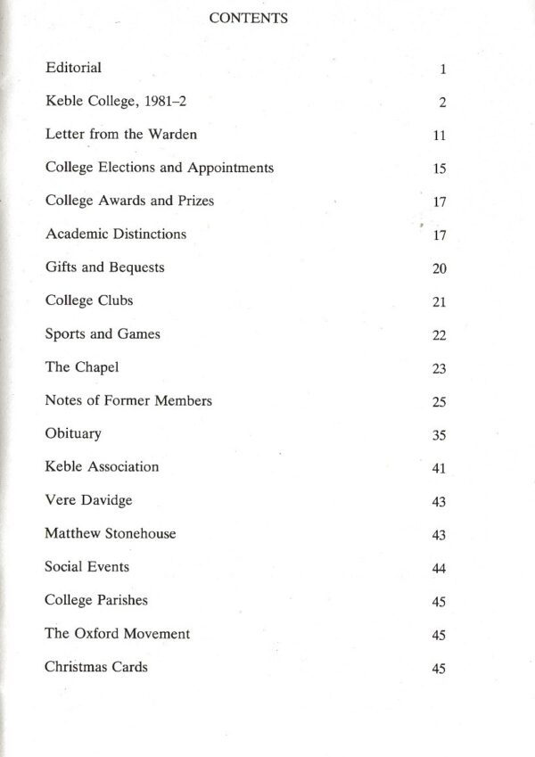 Keble College The Record 1982 (Paperback) -Content Page