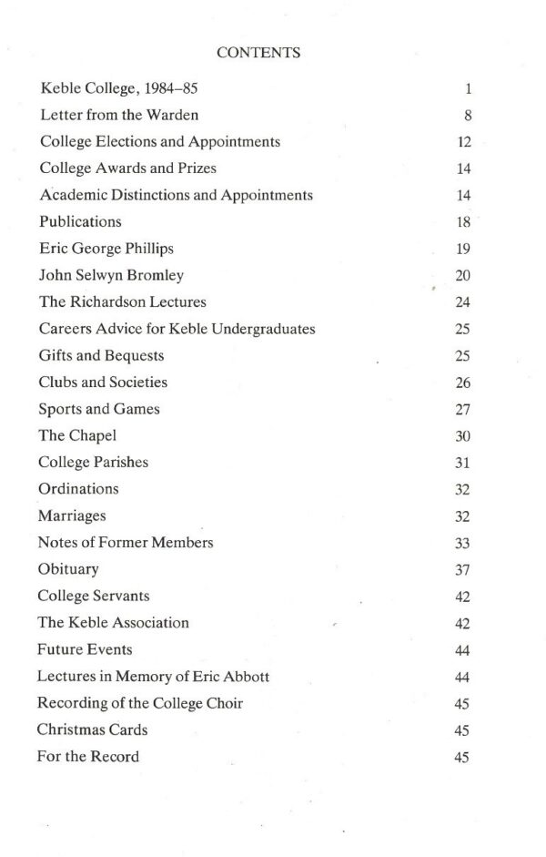 Keble College The Record 1985 (Paperback)-Contents Page