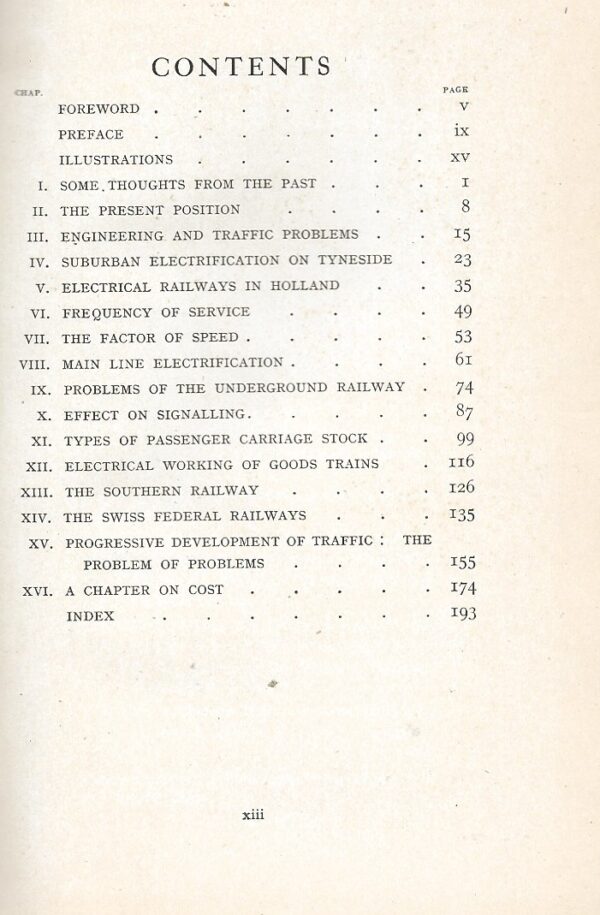 Pitman's Transport Library - Railway Electrification and Traffic Problems by Philip Burtt (Hardcover) -Contents Page