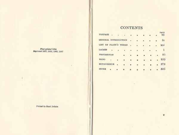 Plato in Twelve Volumes II: Laches Protagoras Meno Euthydemus with English Translation by W.R.M. Lamb (Hardcover)-Contents Page