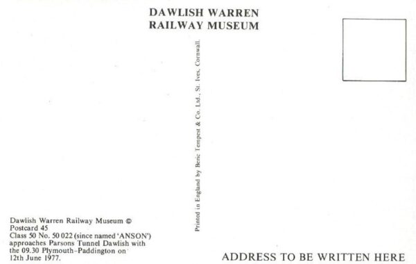 Class 50 Western No. 50 022 approaches Parsons Tunnel Dawlish 1977 (Postcard)
