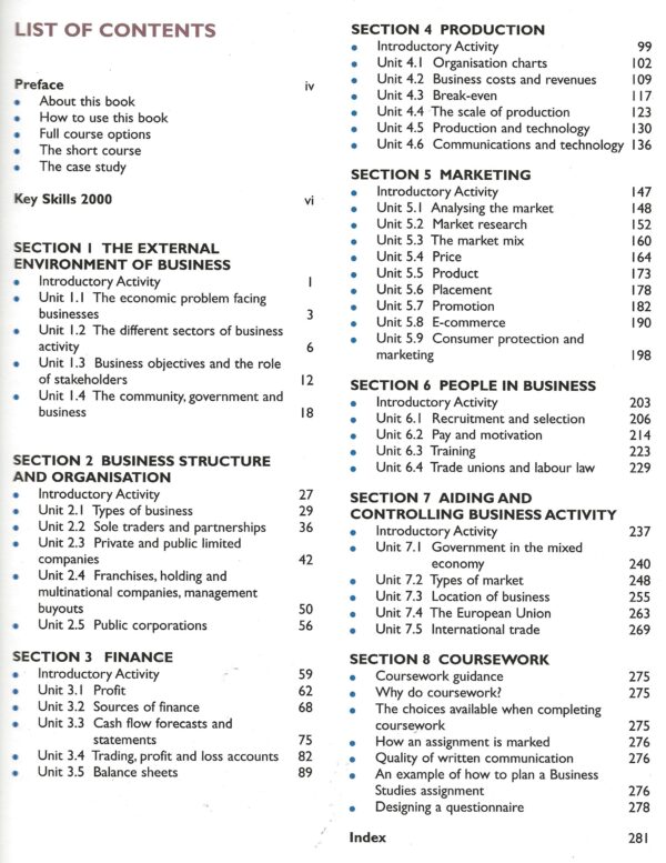 Business Studies for OCR GCSE (Paperback) -Contents Page