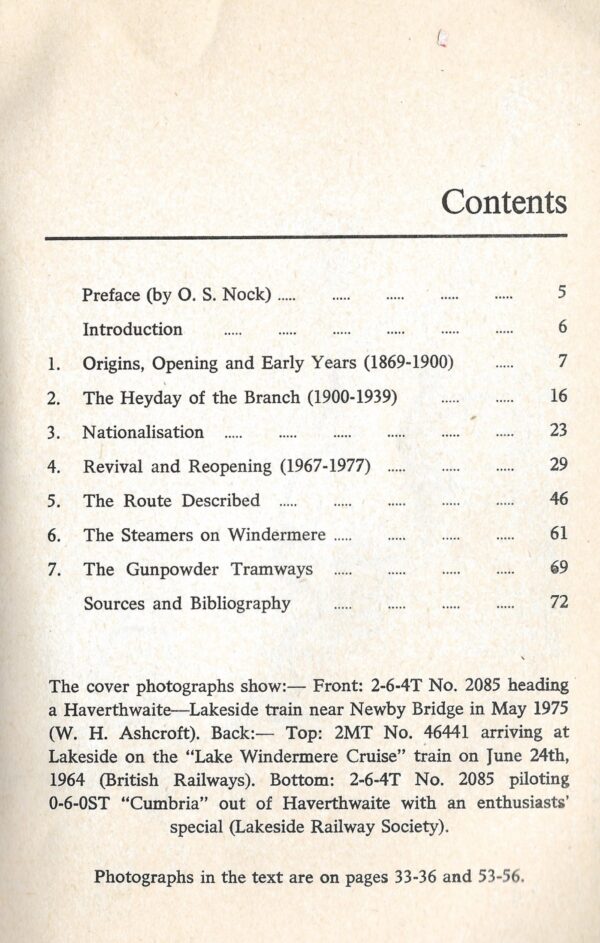 Lakeside and Haverthwaite Railway by H.L. Quayle & S. C. Jenkins (Paperback)-Contents Page