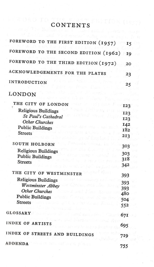 London Volume One - The Cities of London & Westminster (Hardback) - Contents Page